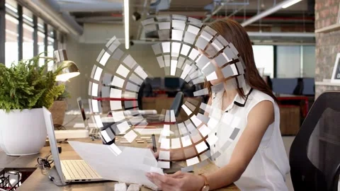 Business worker tapping tablet and annotating papers, rotating mosaic globe 库存影片 333873242