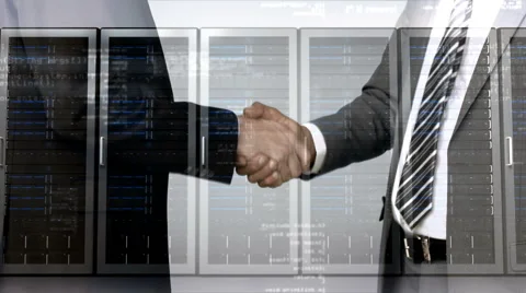 Business workers shaking hand with server tower overlay Stock Footage 51806861