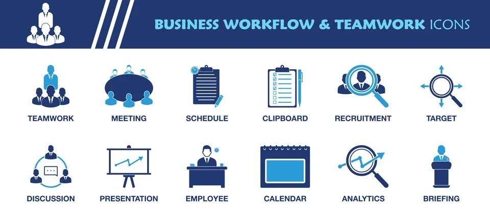 Business Workflow and Teamwork Icon Set. Collection of Meeting, Presentatio.. Stock Illustration