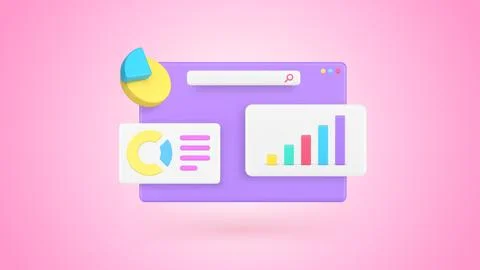 Business workflow data analyzing bar graph diagram internet browser 3d icon.. 库存插图