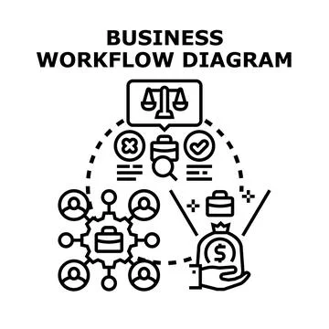 Business workflow diagram illustrating process and evaluation Stock Illustration