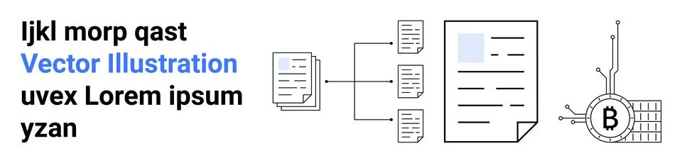 Business Workflow Diagram with Text, Documents, Graph, and Bitcoin Symbol Illustrazione stock