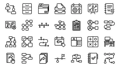 Business Workflow Planning Task Management Process Line Icon Set Stock Illustration
