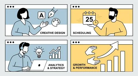 Business Workflow Services and Digital Agency Flat Vector Banners Set Stock Illustration