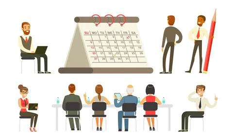 Business Workflow Set, Employees Working in Office, Planning Schedule 스톡 일러스트