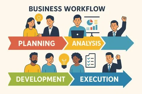 Business workflow stages planning analysis development execution teamwork Stock-Illustration