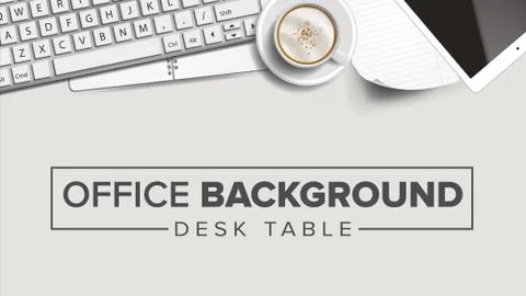 Business Workplace Background Vector. Laptop, Computer, Keyboard, Coffee Cup Stock Illustration