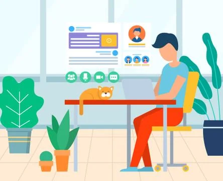 Business Workplace with Computer and Cat Vector Illustrazione stock