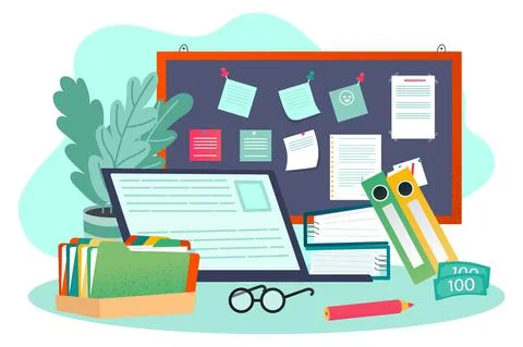 Business workplace concept with computer, vector illustration, flat office desk 스톡 일러스트