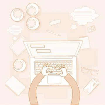 Business Workplace Desk Hands Working Laptop Top View Thin Line Illustrazione stock