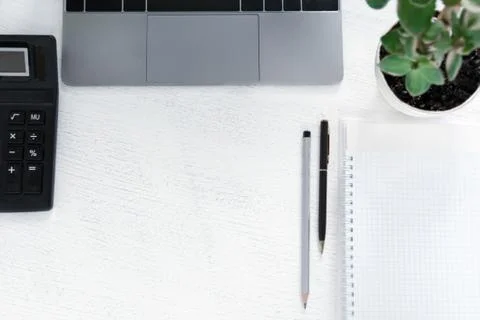 Business workplace with a notepad, a calculator, notebook, green plant. Stock Photos
