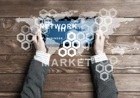 Business workplace with tablet device coffee cup and media user interface 스톡 사진