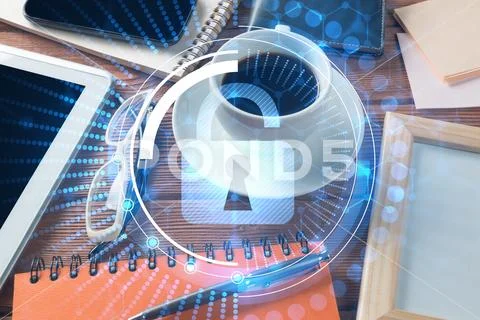 Business workplace with tablet pc and security concept on screen Stock Photos