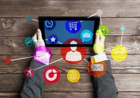 Business workplace with tablet pc device and media user interface 스톡 사진