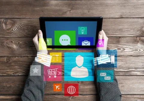 Business workplace with tablet pc device and media user interface 스톡 사진