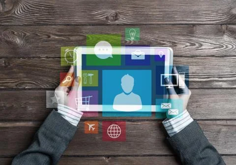 Business workplace with tablet pc device and media user interface 스톡 사진