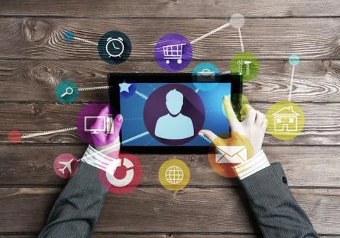 Business workplace with tablet pc device and media user interface 写真素材