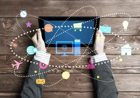 Business workplace with tablet pc device and media user interface Foto stock