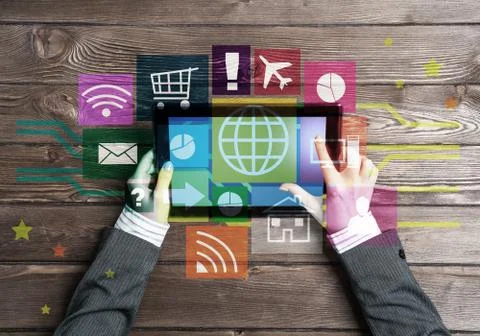 Business workplace with tablet pc device and media user interface Stock Photos