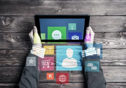 Business workplace with tablet pc device and media user interface 스톡 사진