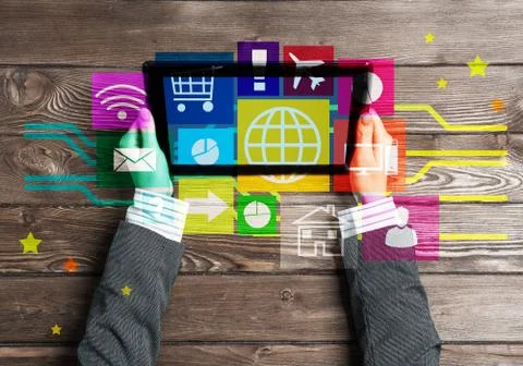 Business workplace with tablet pc device and media user interface Stock Photos