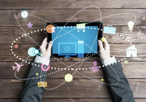 Business workplace with tablet pc device and media user interface 스톡 사진