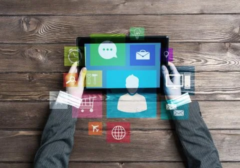 Business workplace with tablet pc device and media user interface 스톡 사진