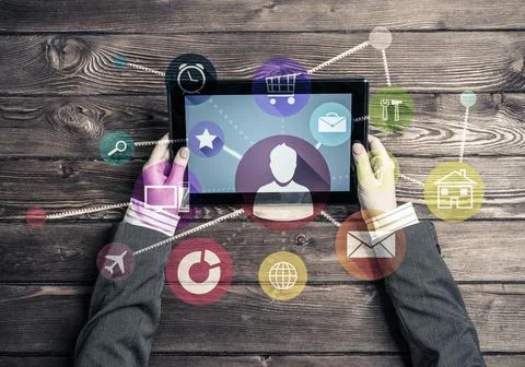 Business workplace with tablet pc device and media user interface 스톡 사진