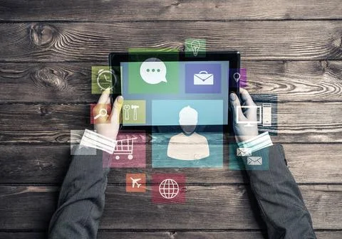 Business workplace with tablet pc device and media user interface Top view... 스톡 사진