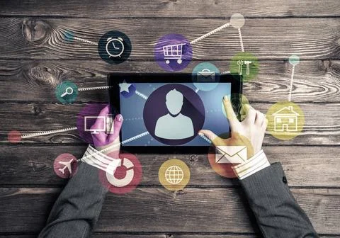 Business workplace with tablet pc device and media user interface Top view... Foto stock