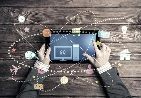 Business workplace with tablet pc device and media user interface 스톡 사진