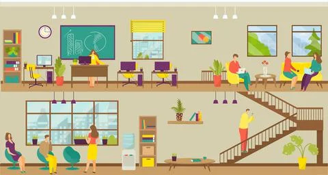 Business workplace, team office, vector illustration. Man woman people character Stock Illustration