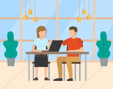 Business Workplace, Workers with Laptop Vector 스톡 일러스트