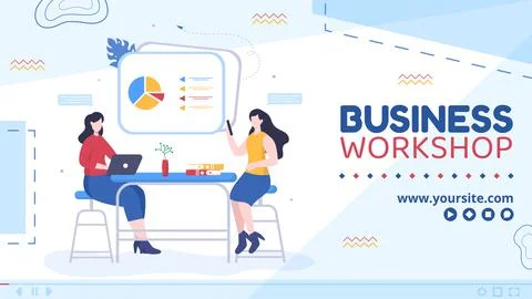 Business Workshop Video Thumbnail Template Flat Cartoon Background Vector Ill Stock Illustration