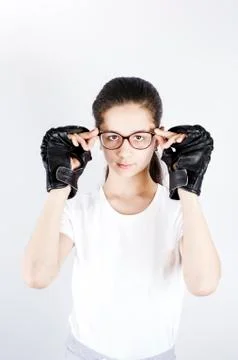 Business young boxing woman in glasses. Stock Photos