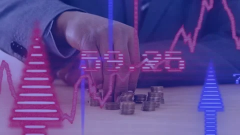 Businessman after adjusting tie stacking coins on table, animated finance charts Stock Footage 335235656