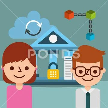 Businessman agent woman bank security exchange bitcoin blockchain Stock Illustration
