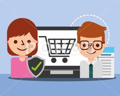 Businessman agent woman laptop check mark shopping online Stock Illustration