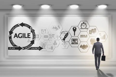 Businessman in agile software development concept Stockfoto's