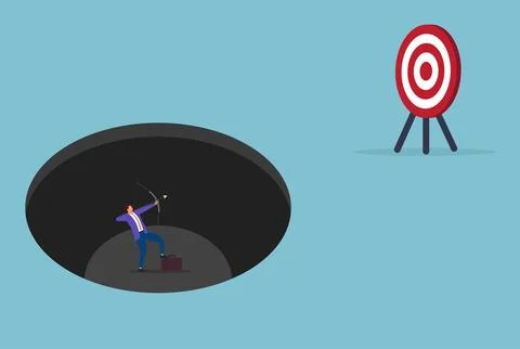 A businessman aiming to hit a target from inside a dark hole Stock Illustration