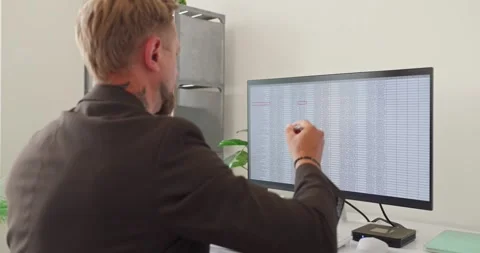 Businessman Analyst Pointing at Spreadsheet Data on Monitor for Finance Audit Stock-Footage 343910696