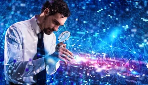 Businessman analyzes a computer system for virus and hacker attacks Stockfoto's