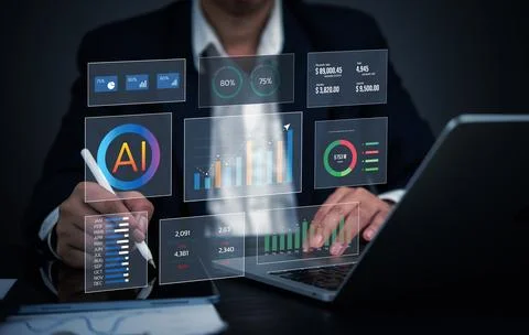 Businessman analyzing AI-powered data visualization with financial charts, .. Foto stock