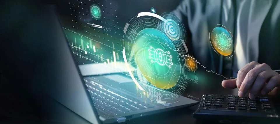 Businessman analyzing bitcoin data using laptop and calculator Stock Illustration