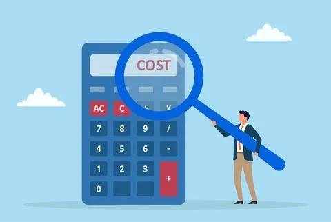 A businessman analyzing a calculator while holding a magnifying glass Stock Illustration