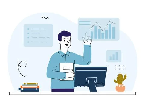 Businessman analyzing chart on screen. Vector illustration Stock Illustration