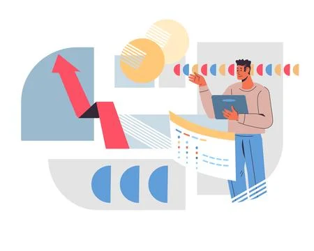 Businessman analyzing charts and data, vector illustration isolated on white. 스톡 일러스트
