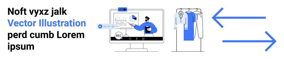 Businessman Analyzing Data on Computer Screen with Clothes Rack and Blue Arro Ilustración de archivo