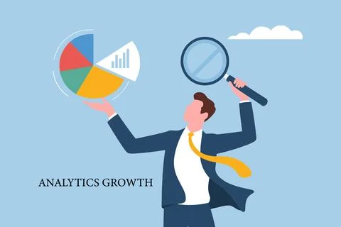 Businessman Analyzing Data with Pie Chart and Magnifying Glass. Stock Illustration