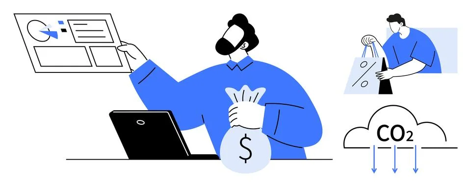 Businessman analyzing data on screen with laptop, holding money sack another  Illustrazione stock